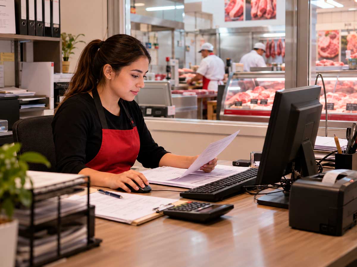 Encargada de un comercio revisando un documento junto a su computadora y su impresora de tickets