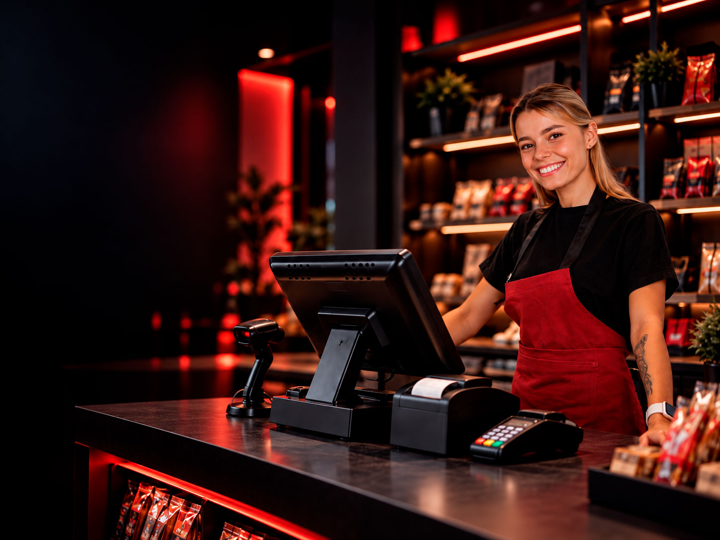 Cajera sonriendo en el mostrador de un comercio, junto a la pantalla, el lector y la terminal del punto de venta