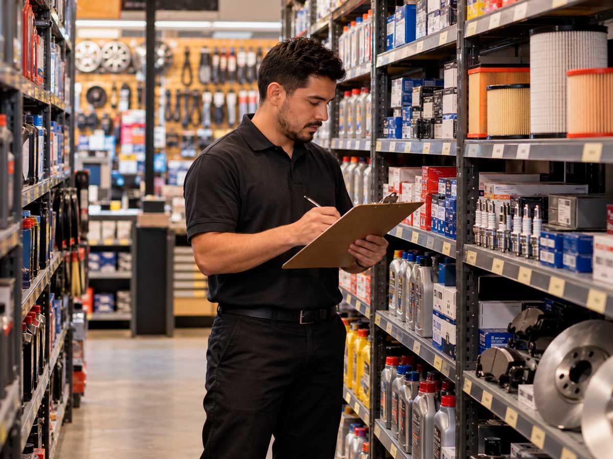 Persona revisando existencias de productos en un comercio con apoyo de BDKPOS
