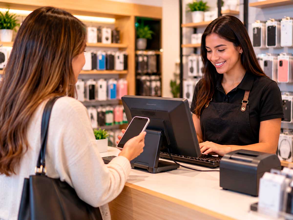 Clienta mostrando su teléfono en el mostrador mientras la cajera registra la compra