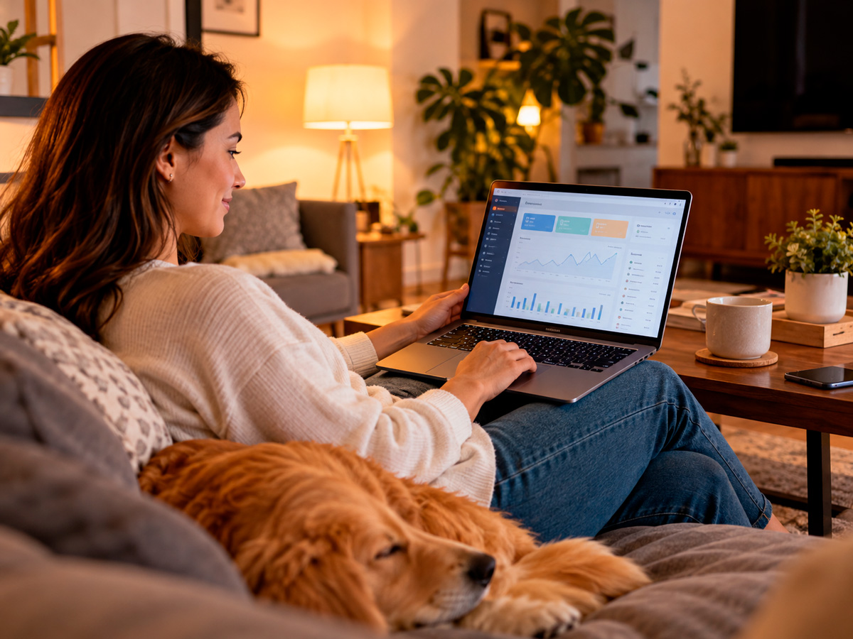 Mujer en la sala de su casa consultando en una laptop un panel con gráficas de su negocio
