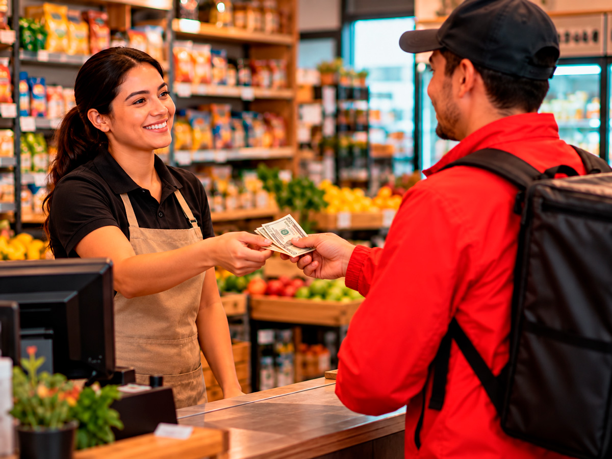 Empleada del comercio entregando billetes al repartidor para preparar el cambio de un pedido