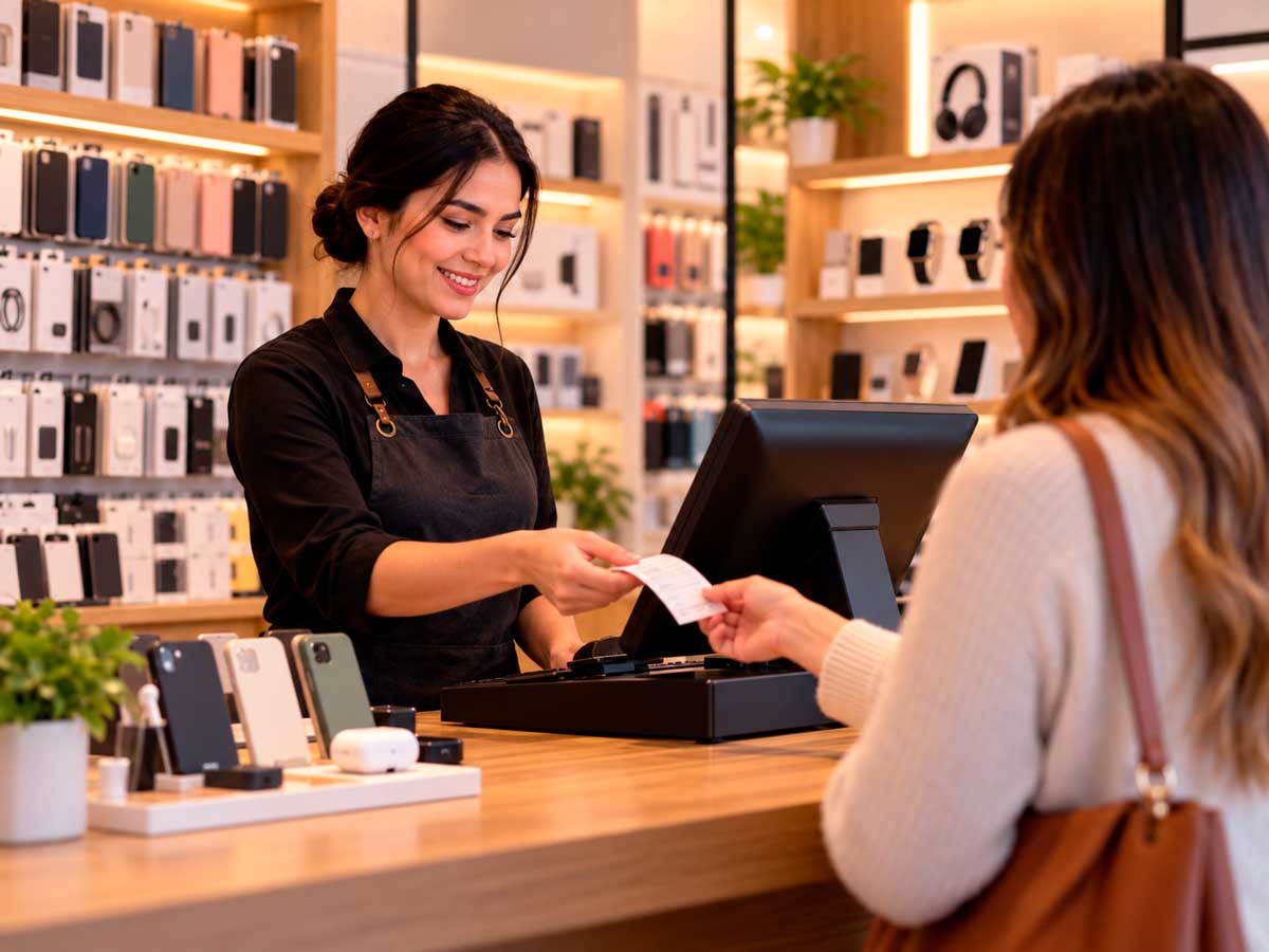 Encargado de un comercio registrando una venta en el mostrador con BDKPOS
