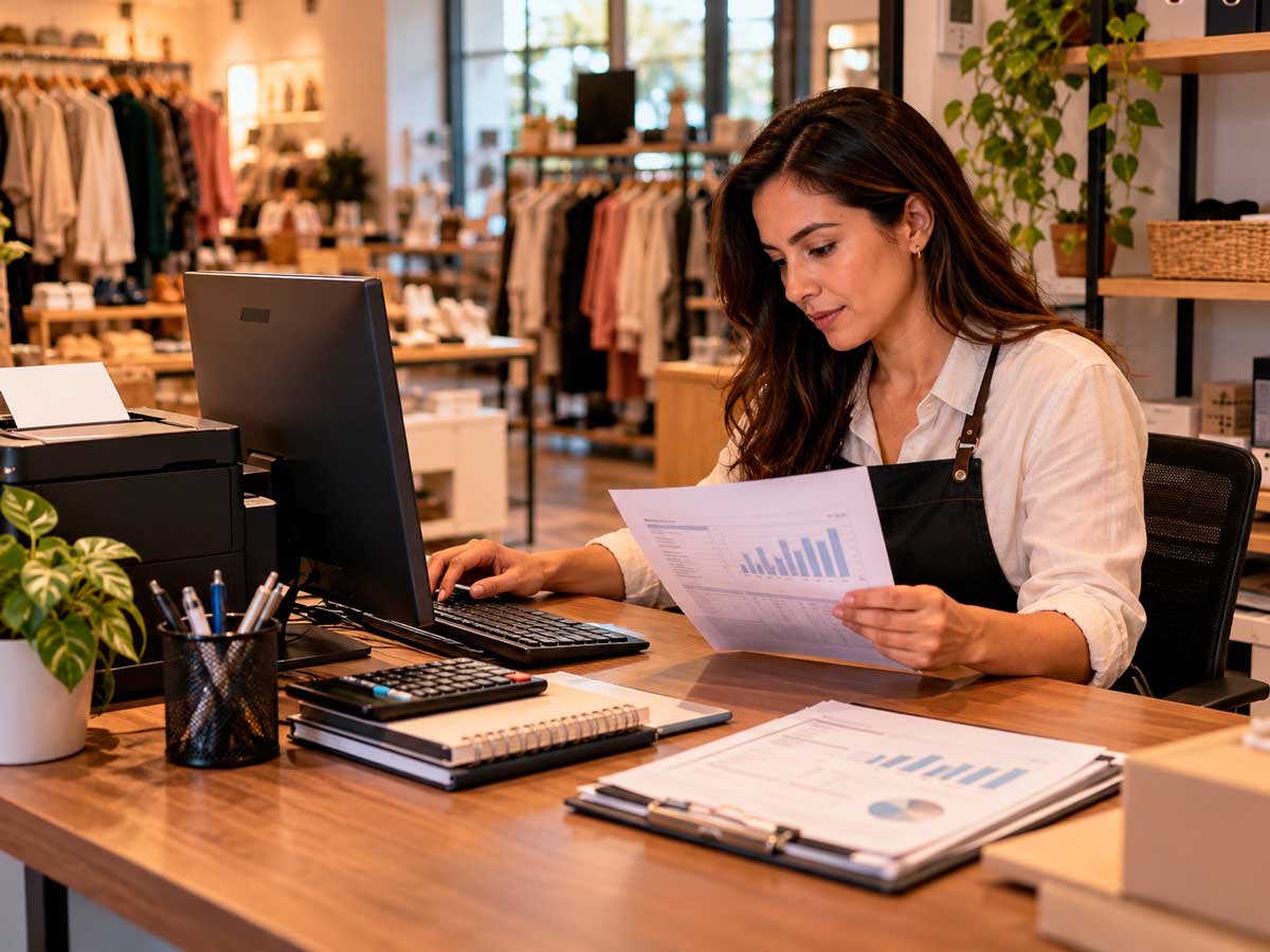 Encargada de un comercio revisando reportes impresos junto a su computadora