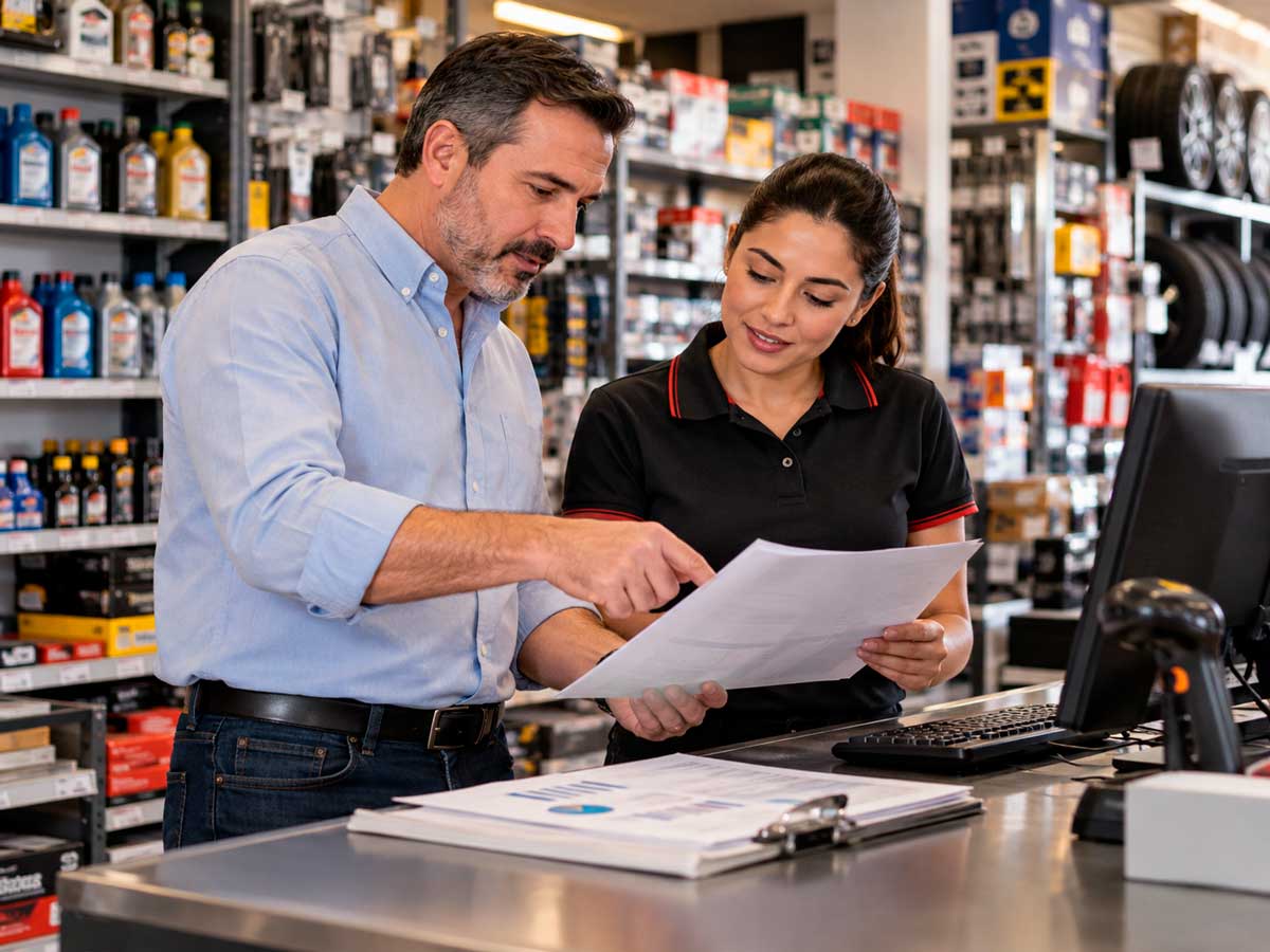 Encargado y empleada de un comercio revisando un reporte impreso junto a la caja